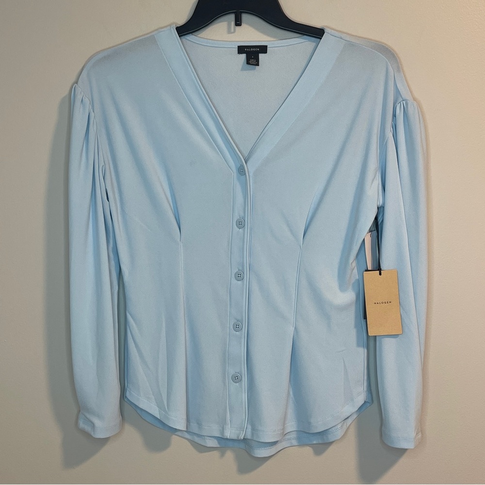 Halogen Button Up Blouse Size S Baby Blue 3/4 Sleeve